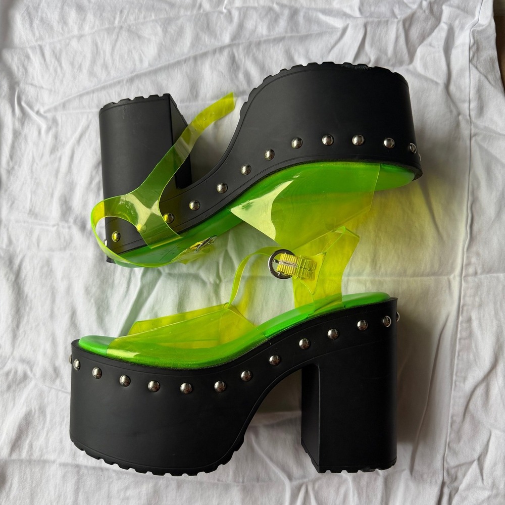 N.Y.L.A Platform Sandals 9 Neon Lime Green Grunge Stud Translucent Straps Rave